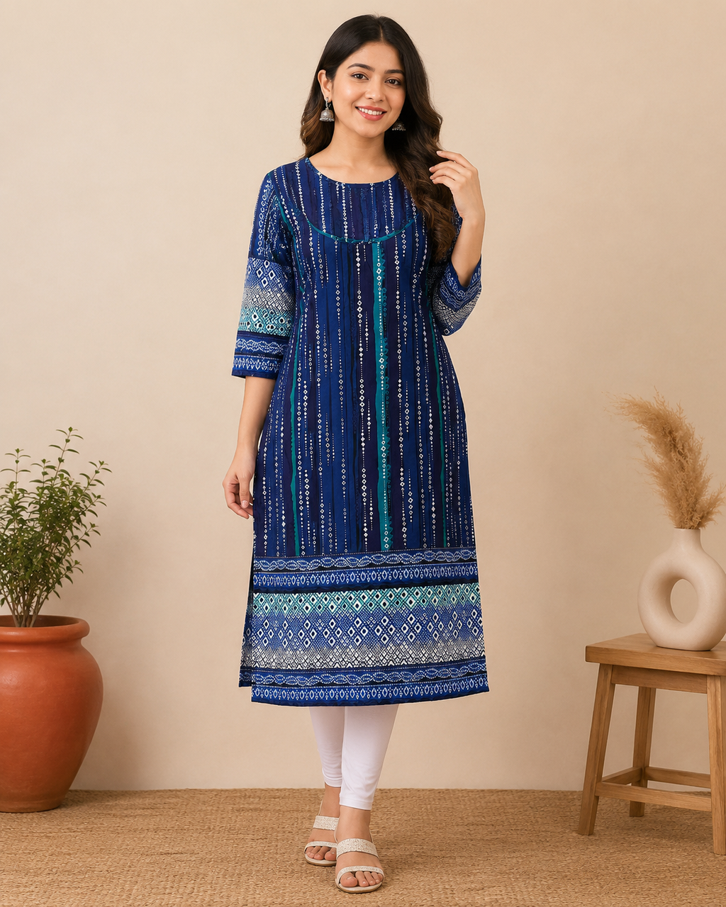 Geometric Indigo Kurti – Vertical Stripe & Diamond Print