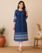 Geometric Indigo Kurti – Vertical Stripe & Diamond Print
