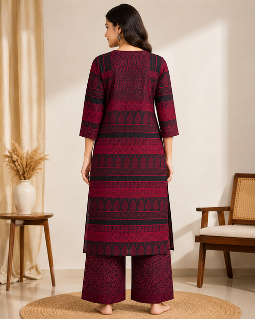 Maroon & Black Printed Kurta Set with Palazzo