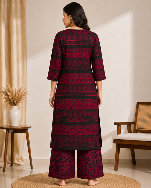 Maroon & Black Printed Kurta Set with Palazzo