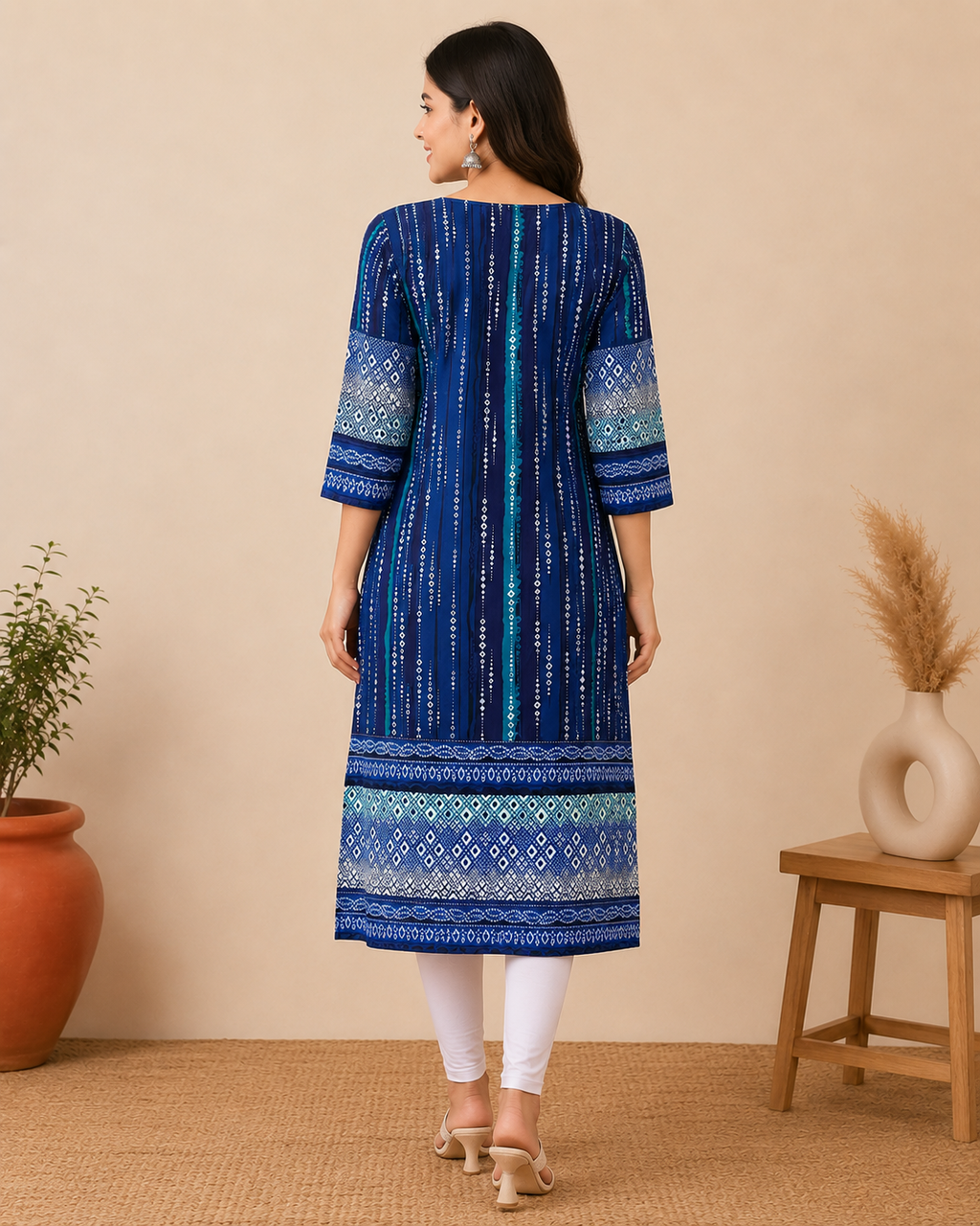 Geometric Indigo Kurti – Vertical Stripe & Diamond Print