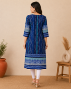Geometric Indigo Kurti – Vertical Stripe & Diamond Print