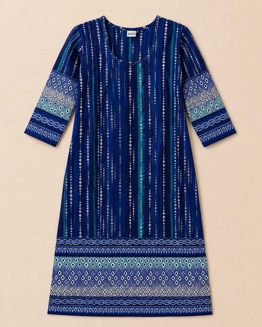 Geometric Indigo Kurti – Vertical Stripe & Diamond Print
