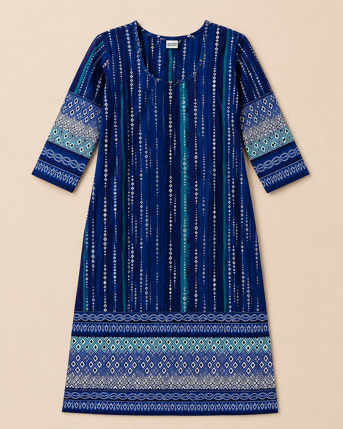 Geometric Indigo Kurti – Vertical Stripe & Diamond Print