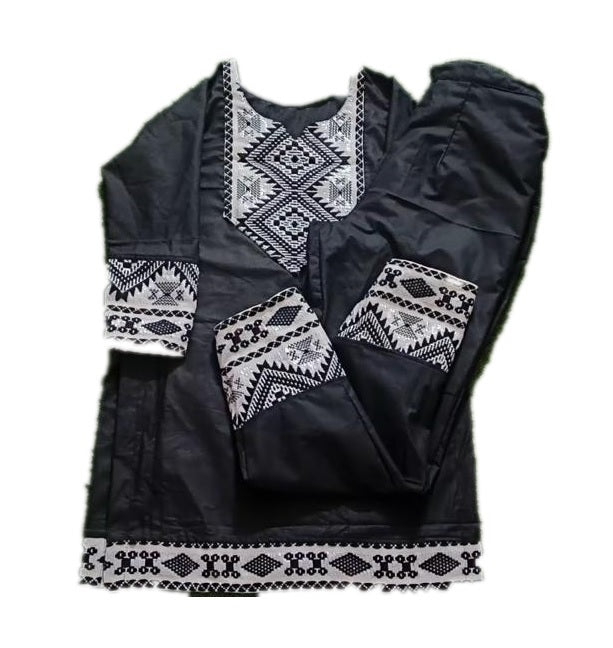 Black Kurti with Geometric Embroidered Trims – Matching Pants Set